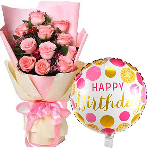 One-Dozen Pink Rose Arrangement Birthday Bundle