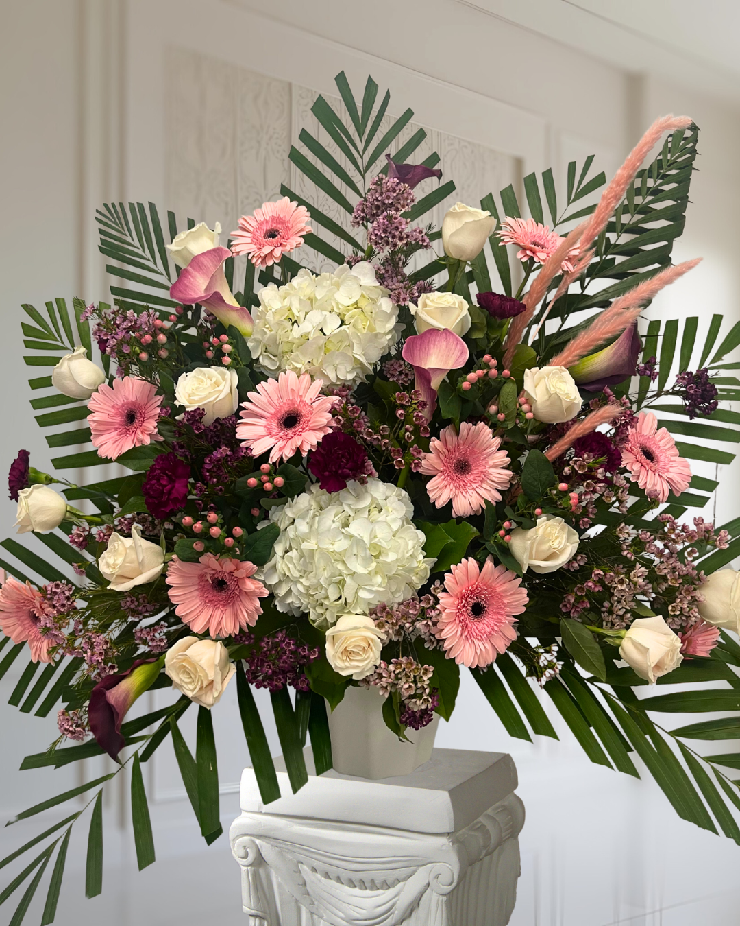 Light Pink, Purple and White Funeral Vase Arrangement