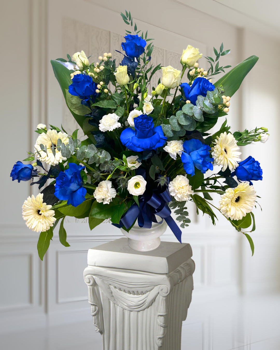 Blue and White Funeral Vase Arrangement