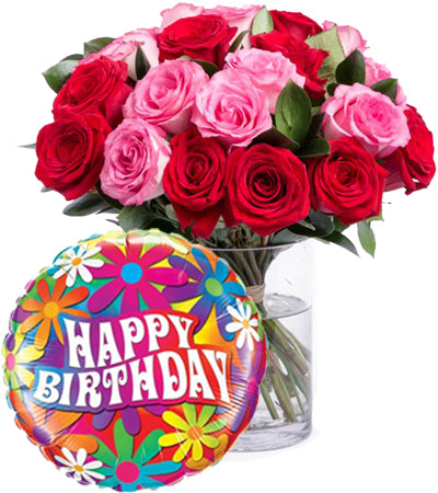 One-dozen Pink and Red Roses Birthday Bundle