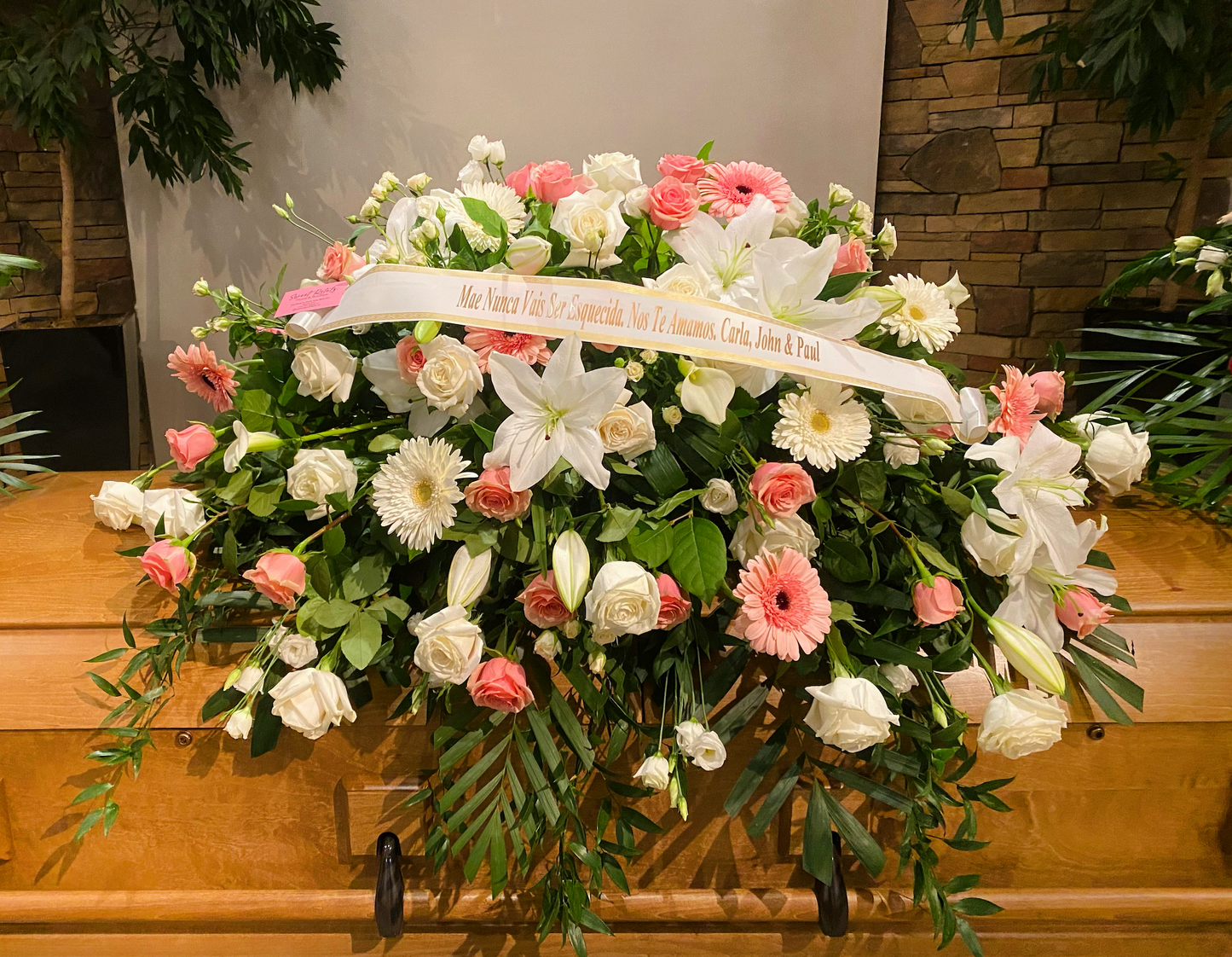 White And Baby Pink Casket Spray