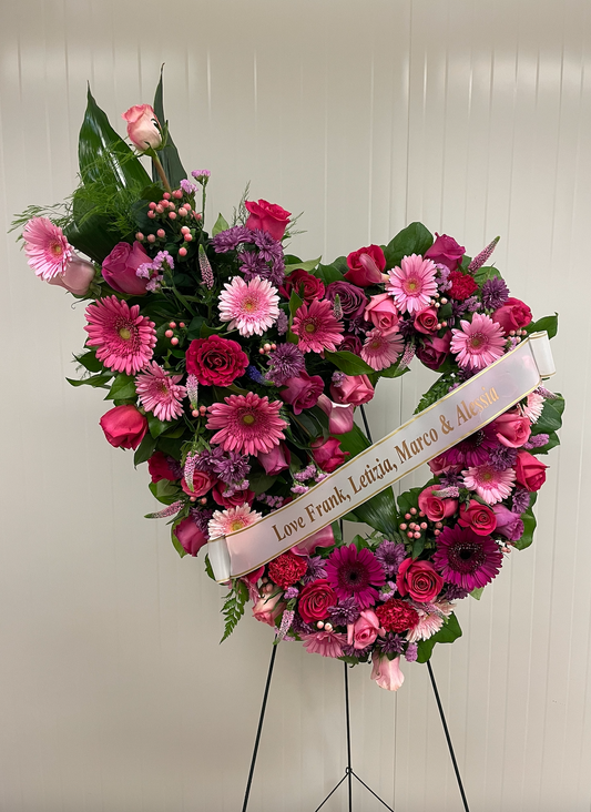 Pink And Purple Open Heart Wreath With Top Spray