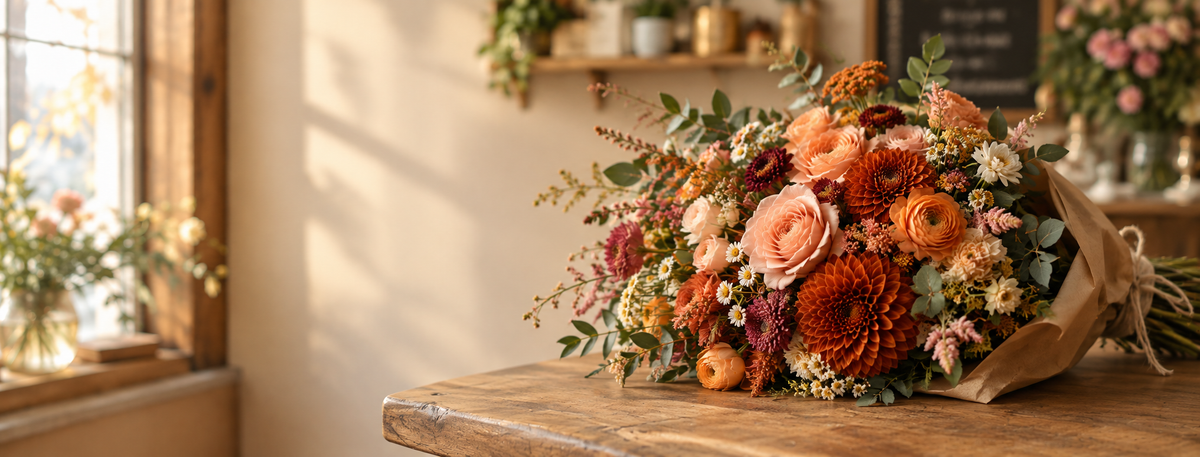 Autumn bouquet of roses and dahlias at Sweet Petals Florist