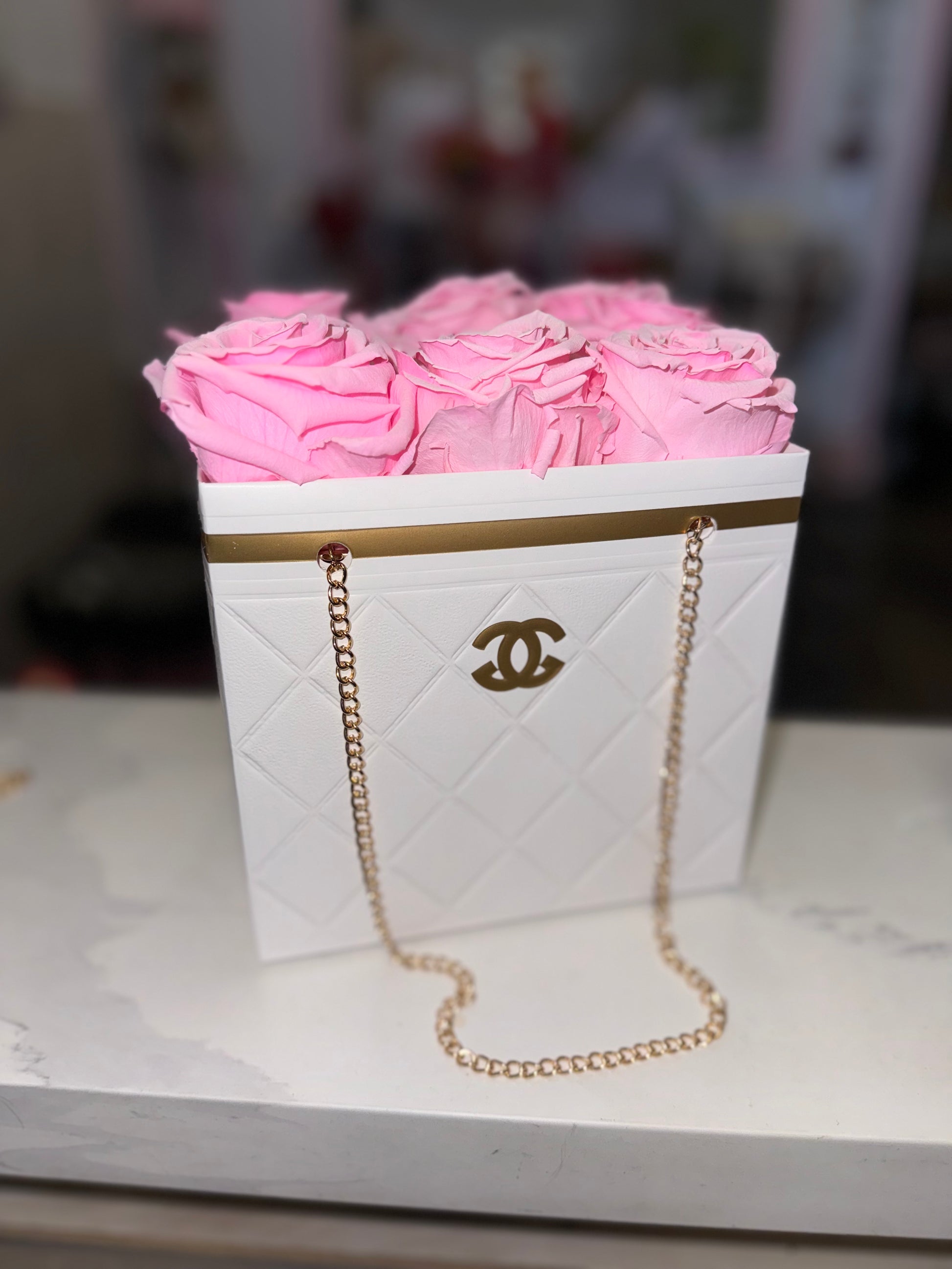Pink Preserved Roses in a Chanel Gift Bag – Sweet Petals Florist