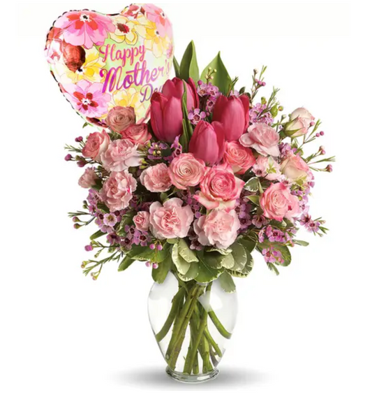 Arreglo de jarrón de rosas y tulipanes para el día de la madre