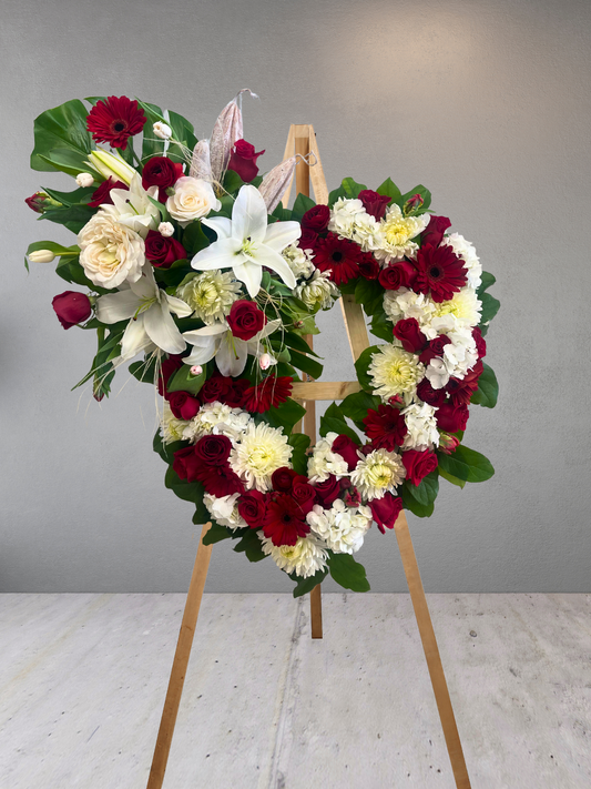 Red and White Heart Funeral Wreath With Top Spray