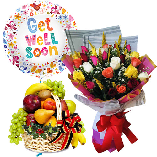 Paquete Get Well Soon - Cesta de flores y frutas