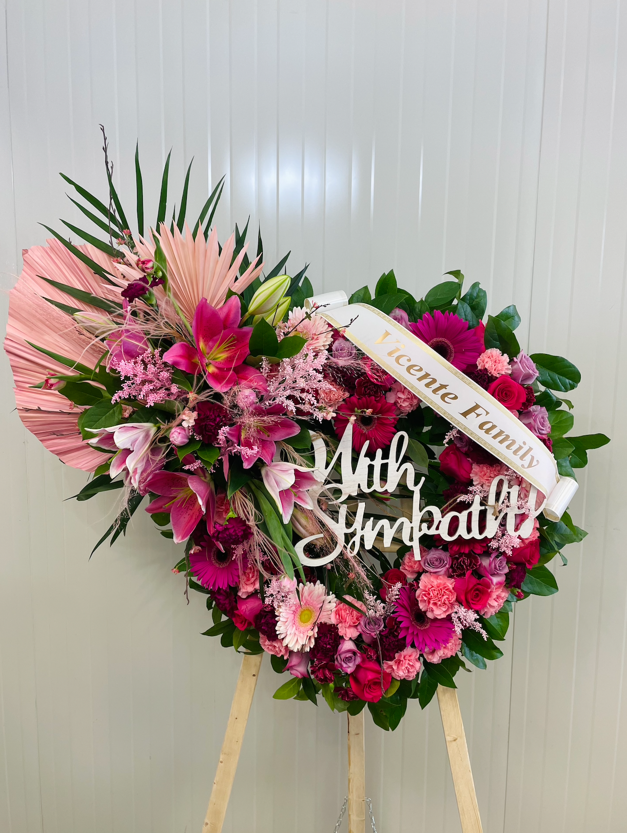 Pink And Purple Open Heart Wreath With Top Spray