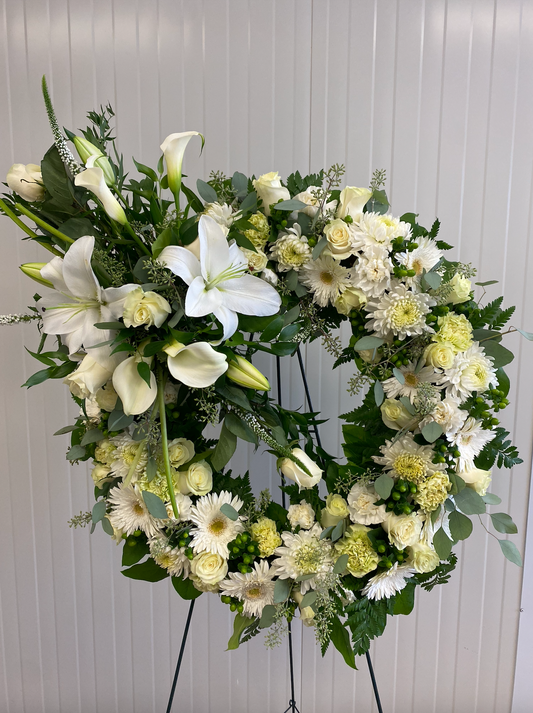 White Funeral Wreath With Top Spray